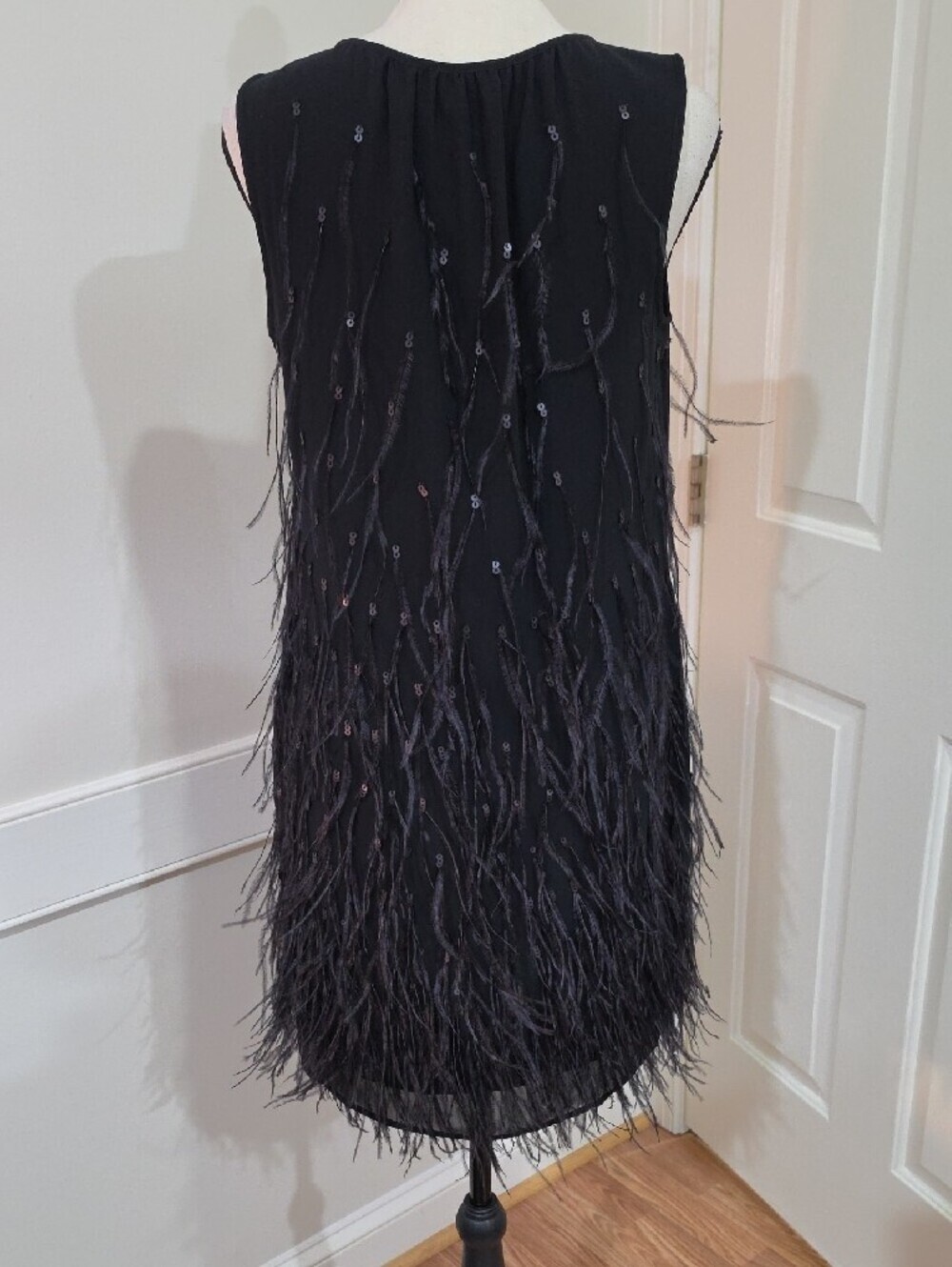 Talbots Petites Black Sequin and Feather-Trim Cocktail Shift Dress - Size 8P - Picture 7 of 9